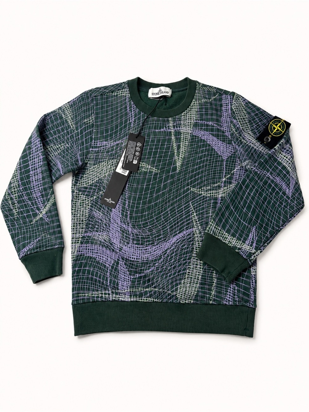 Stone Island Dark Green Crewneck Sweater with Purple & Light Gray Grid